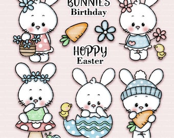 Spring Bunnies Gekleurde Digitale Stempel Set, 9 Gekleurde png bestanden, Bunny Clipart, Bunny Digi Stamps, Digi Stamps, Digistamps, Pasen