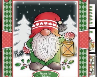 Downloadable Card Kit FESTIVE GNOME, Elf, Card Making Download 3 A4 Printable JPG Sheets, Tomte, Christmas Gnome, Nisse, Santa
