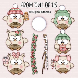 Christmas Owls Coloured Digital Stamp Set, 9 Coloured  png files, Owl Clipart, Owl Digi Stamps, Owl Digi Stamps, Digistamps, School Clipart