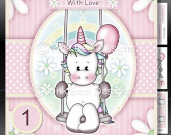 Swinging  Unicorn Downloadable Card Kit with Decoupage. Card Making Download 4 A4 Printable Sheets. Sentiments, age tags 1-7 yrs