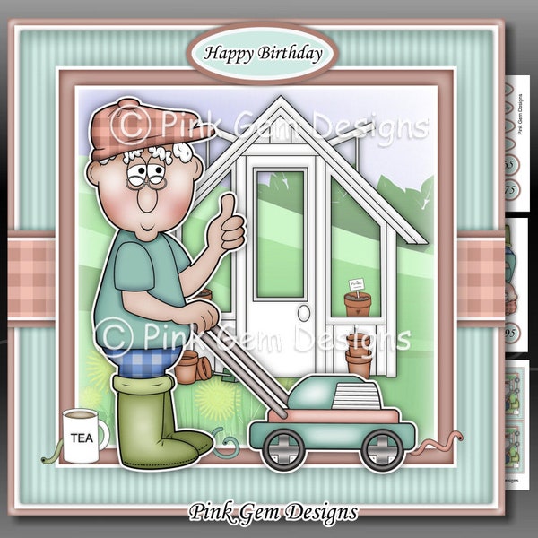 Gardening Ernie Downloadable Card Kit with Decoupage,Card Making Download 3 A4 Printable Sheets,Sentiments, Father's Day, Male Birthday