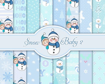 Digital Snowmen  Papers, 16 Digital Christmas Papers, SNOW BABY 2, Snowman Digital Paper, Snowflake Digital Papers, Seamless, Scrapbook