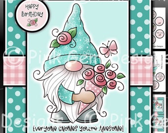 Birthday Gnome Downloadable Card Kit with Decoupage, Matching Insert, Sentiments, Gift Card, Printable, Mother's Day, Birthday, Gnome, Elf