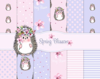 Spring Blossom,14 Digital Papers,Small Commercial Use,Downloadable Digi Paper,Digital Scrapbook,Printable Paper Set,Hedgehog,Mother's Day