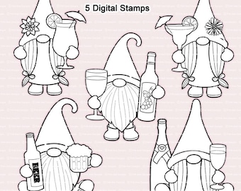 Boozy Gnomes Digital Stamps: Black Line Art Clipart (5 PNG Files)