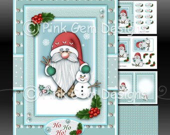 Snow Fun Gnome A5 Downloadable Card Kit with Decoupage.Elf. Card Making Download 2 A4 Printable Sheets. Sentiments, Insert, Snowman