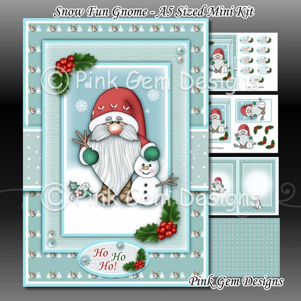 Snow Fun Gnome A5 Downloadable Card Kit with Decoupage.Elf. Card Making Download 2 A4 Printable Sheets. Sentiments, Insert, Snowman