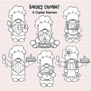 Baking Gnomes Digital Stamps Set, 6 Black Line Art png files, School, Teacher, Baking, Clipart, Colouring Files, Gnome Digi Stamps