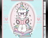 Unicorns Read Books Downloadable Card Kit with Decoupage. Card Making Download 4 A4 Printable Sheets. Sentiments, age tags 1-5 yrs