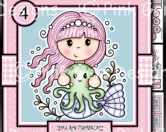 Mermazing Downloadable Card Kit, Decoupage and Optional Age Tags 3 to 8 yrs. Card Making Download 3 A4 Printable Sheets. Mermaid Card Kit