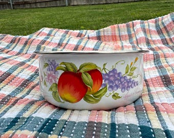 Vintage Enamelware Fruit Bowl-Apples & Grapes Metal Serving Bowl-Made in Indonesia-Farmhouse Kitchen Decor