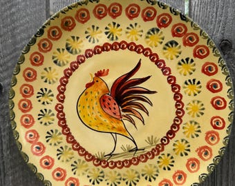 Stary ręcznie malowany włoski talerz z kogutem, wykonany we Włoszech, ceramiczny, dekoracja ścienna w stylu wiejskim