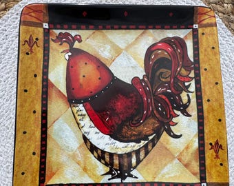 Plato decorativo cuadrado con diseño de gallo de granja de Certified International Jennifer Garant, de 21 cm (8,25"). Cocina rústica.