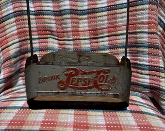 Vintage 1950s Pepsi-Cola 6 Bottle Metal Carrier Crate, Soda Advertising Bottle Holder, Retro Industrial