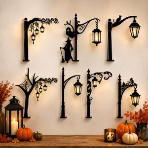 Spöklik gatlykta SVG-paket, 3D Halloween-vägglampa laserskurna filer, vintage häxuggla lyktstolpe silhuettmall för Glowforge