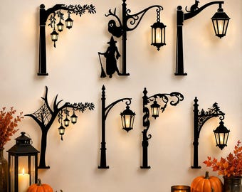 Pakiet SVG z upiorną lampą uliczną, pliki wycinane laserowo z kinkietem 3D na Halloween, szablon sylwetki latarni z sową czarownicą w stylu vintage dla Glowforge