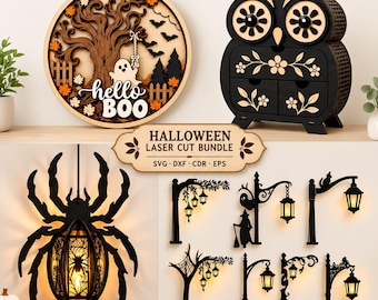 Zestaw wycinanek laserowych na Halloween, zestaw SVG na Halloween, dekoracja na Halloween 5 w 1, latarnia SVG, latarnia pająk, latarnia sowa, pliki cyfrowe