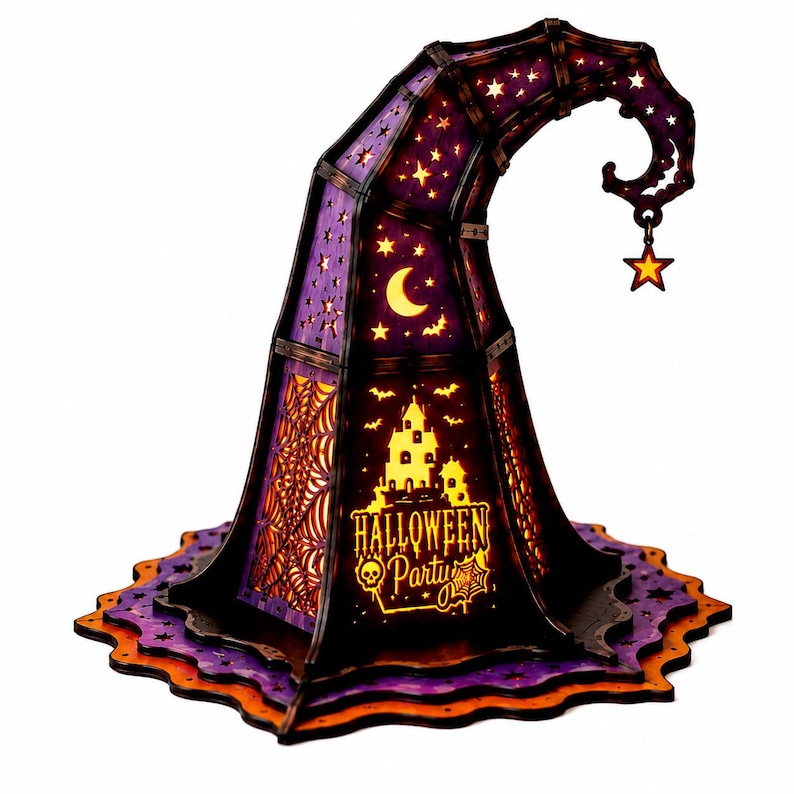 May include: A decorative witch hat lantern featuring a purple and black color scheme with cutouts of stars, a crescent moon, bats, and a spider web. The front displays a haunted house silhouette and the text Halloween Party with a skull icon.