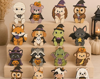 Halloween Cute Animals Shelf Sitter SVG Bundle, 16-in-1 Spooky Costume Layered Laser Cut Files