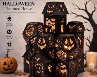 Latarnie nawiedzonej wioski na Halloween, upiorne dekoracje na Halloween, ozdobna ozdoba stołu DIY