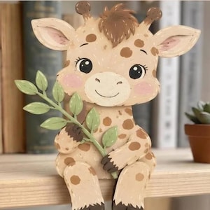 Peut inclure: Une figurine de girafe en bois décorative avec un corps beige clair à taches brunes, une touffe de poils bruns et des joues roses. La girafe est assise et tient une branche aux feuilles vert clair dans ses pattes avant, avec des sabots brun foncé.