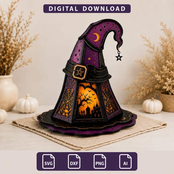 3D Witch Hat Lantern Laser Cut File, Spooky Halloween Tealight Holder SVG, Magic Shadow Box Centerpiece Template for Glowforge & LightBurn