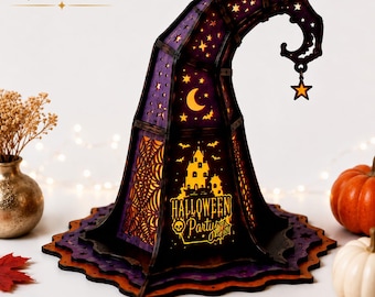 Plik wycinany laserowo w kształcie latarni z kapeluszem czarownicy 3D, upiorny świecznik na tealighty w formacie SVG, szablon centralnego elementu w magicznym pudełku cieni dla Glowforge i LightBurn