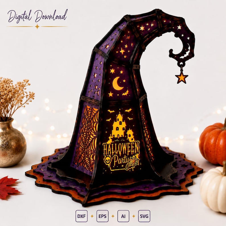 May include: A purple and black laser-cut wooden witch hat decoration featuring cutouts of stars, a crescent moon, bats, a haunted house, and a spider web. The front displays the text Halloween Party with a skull and web icon, and a star charm.