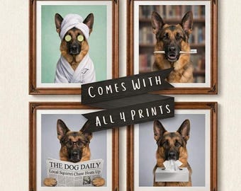 カスタム犬用バスルームポートレート（4枚セット） – 面白いスパプリント – パーソナライズされたバスルームウォールアート