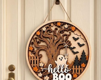 Hello Boo, warstwowy, 3D, drewniany znak SVG | Zawieszka na drzwi na Halloween | Huśtawka-duch wycinana laserowo