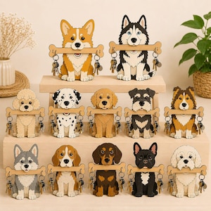 Pacote de arquivos SVG para chaveiro com raças de cachorro, gancho de parede 3D em camadas com cachorro fofo, arquivo para corte a laser, modelo personalizado para chaveiro de animais de estimação para Glowforge.