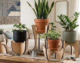 Pacote de arquivos SVG para suporte de plantas moderno | Modelos de suporte para vasos de madeira em camadas (Download digital)