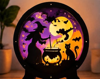 Nocna lampka w kształcie kociołka czarownicy, wycinany laserowo wzór na Halloween, upiorna scena (pobranie cyfrowe)
