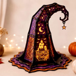 May include: A decorative witch hat lantern featuring a purple and black color scheme with cut-out designs of stars, a crescent moon, bats, a haunted house, and spider webs. The text "HALLOWEEN Party" is illuminated in orange light on the front.