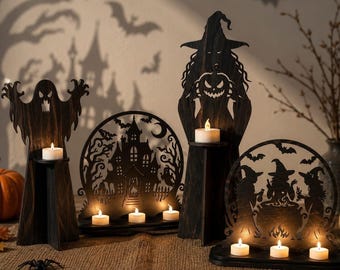 Zestaw świeczników na tealighty w kształcie pudełka na Halloween w formacie SVG, pliki wycinane laserowo w 3D z motywem upiornej latarni