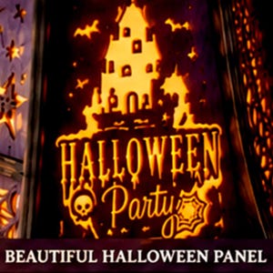 May include: A rectangular decorative panel featuring a glowing orange cutout design of a haunted house, bats, a skull, and a spiderweb. The text "HALLOWEEN Party" is displayed in a stylized font. The panel is illuminated from behind.