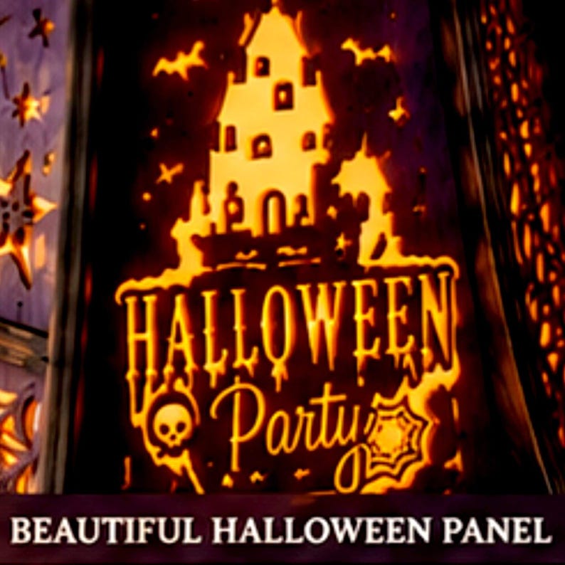 May include: A rectangular decorative panel featuring a glowing orange cutout design of a haunted house, bats, a skull, and a spiderweb. The text "HALLOWEEN Party" is displayed in a stylized font. The panel is illuminated from behind.