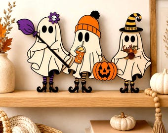 Pakiet Halloween Ghost SVG, pliki wycinane laserowo 3D Ghost Shelf Sitter, upiorne jesienne dekoracje, pliki do rękodzieła na Halloween, Glowforge xTool