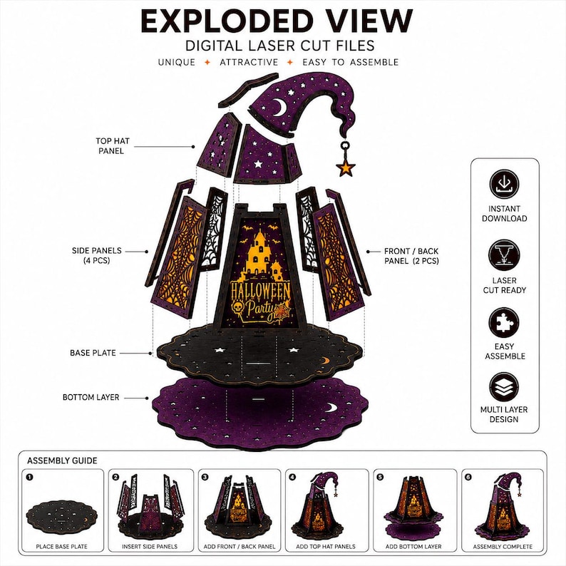 May include: An exploded view diagram of digital laser cut files for a Halloween party decoration. The design features a purple witch hat top, side panels with spiderweb cutouts, and a base plate. Text includes EXPLODED VIEW and HALLOWEEN PARTY.