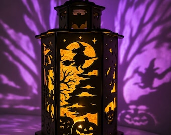 Pudełko na podgrzewacze w kształcie latarni na Halloween SVG, wycinany laserowo dyniowy lampion Glowforge, upiorny świecznik