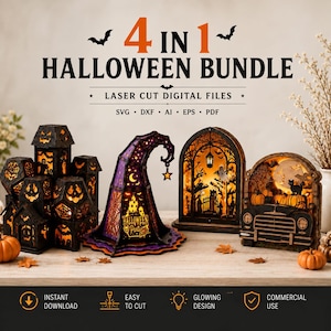 Paquete SVG de linterna de Halloween 4 en 1, archivos de corte láser de caja de sombra espeluznante 3D, plantilla de camión embrujado con sombrero de bruja y ataúd para Glowforge