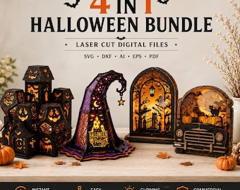 Pakiet 4 w 1 z latarnią na Halloween w formacie SVG, pliki wycinane laserowo w 3D z upiornym cieniem, szablon nawiedzonej ciężarówki z kapeluszem wiedźmy w kształcie trumny dla Glowforge