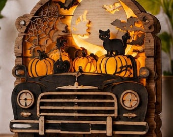 Ciężarówka Halloween SVG, ciężarówka z dynią w stylu vintage, plik wycinany laserowo, dekoracja drzwi drewnianych 3D, Glowforge