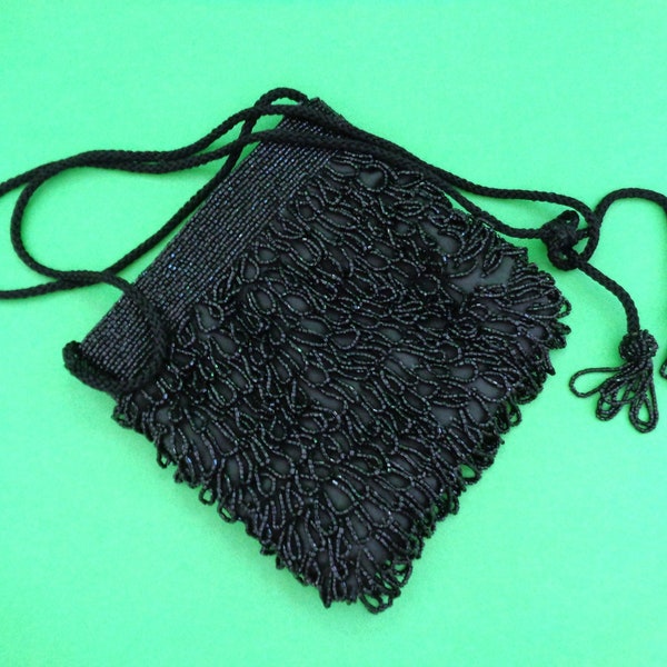 Clovis Ruffin Vintage Hand Beaded Black Purse with Satin Lining, Marked Inside, made for Genie, Hong Kong, Zipper Top, Long Shoulder Strap