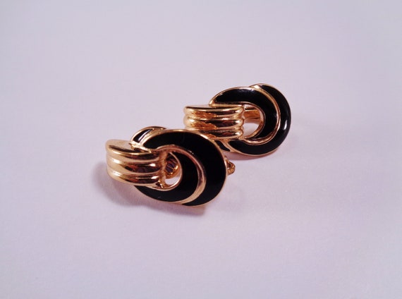 Trifari, Black Enamel, Gold Tone Earrings, 1980s,… - image 1