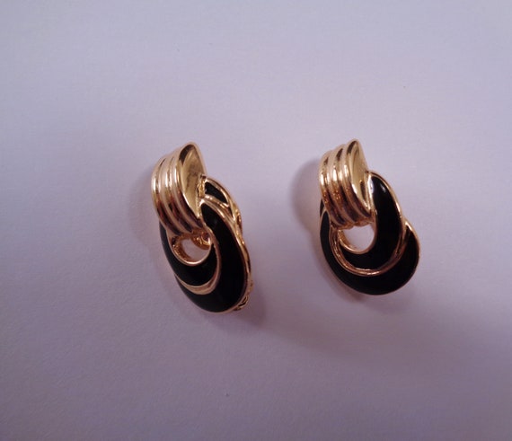 Trifari, Black Enamel, Gold Tone Earrings, 1980s,… - image 4