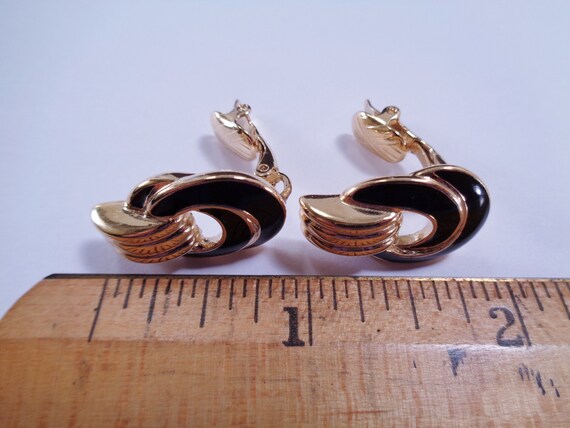 Trifari, Black Enamel, Gold Tone Earrings, 1980s,… - image 2