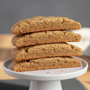 May include: A stack of four golden-brown cookies on a white, pedestal cake stand. The cookies have a slightly textured surface and are arranged on a black slate board. The background is a neutral gray.