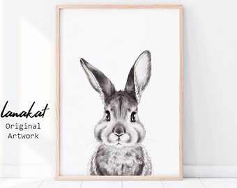 Bunny Print. Baby Rabbit Black & White Watercolor. Woodland Baby Animal Prints. Forest Baby Animals Nursery Kids Room Decor. Printable Art