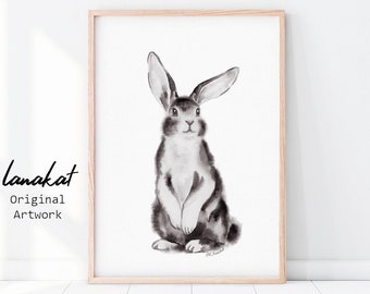 Standing Bunny Print. Rabbit Black & White Watercolor. Woodland Baby Animal Prints. Forest Animals Nursery Kids Room Decor. Printable Art